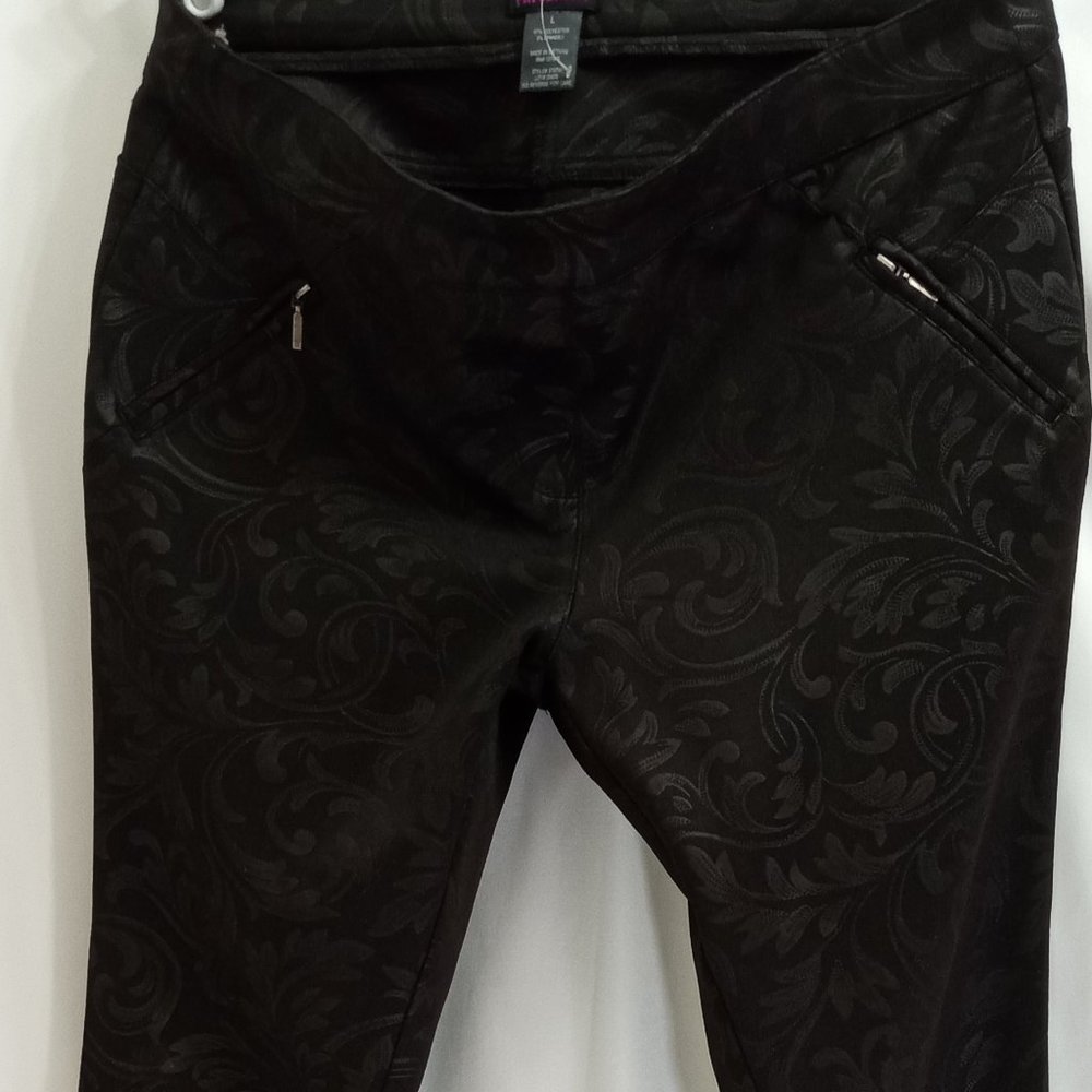 Flirtatious Brand Women's Size L Pull-On Pants Black Silver Embossed